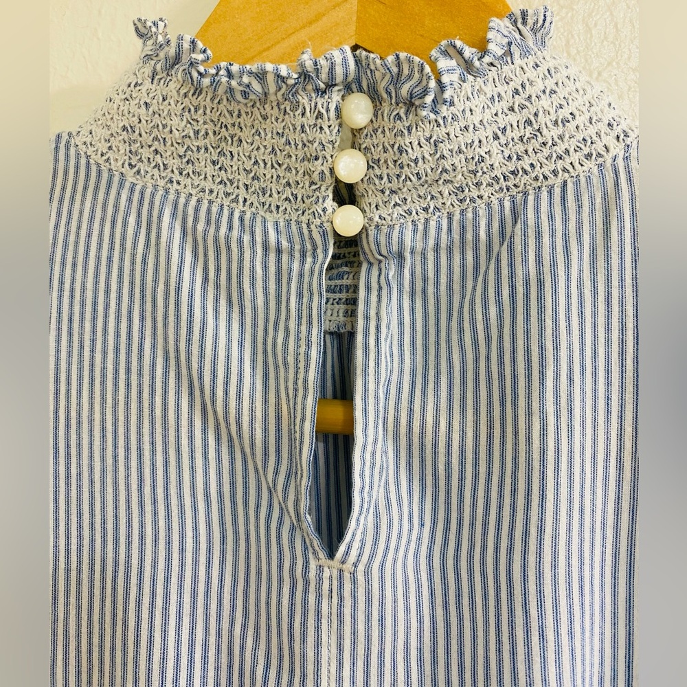 Sezane Blue and White Pinstripe Smocked Neck Blouse - Picture 8 of 9